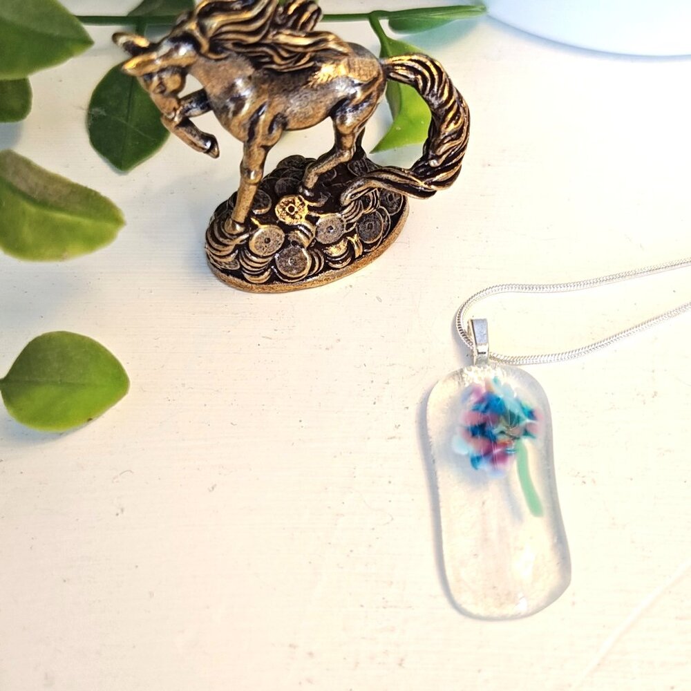 Handmade statement floral pendant Botanical fused glass jewelry + necklace